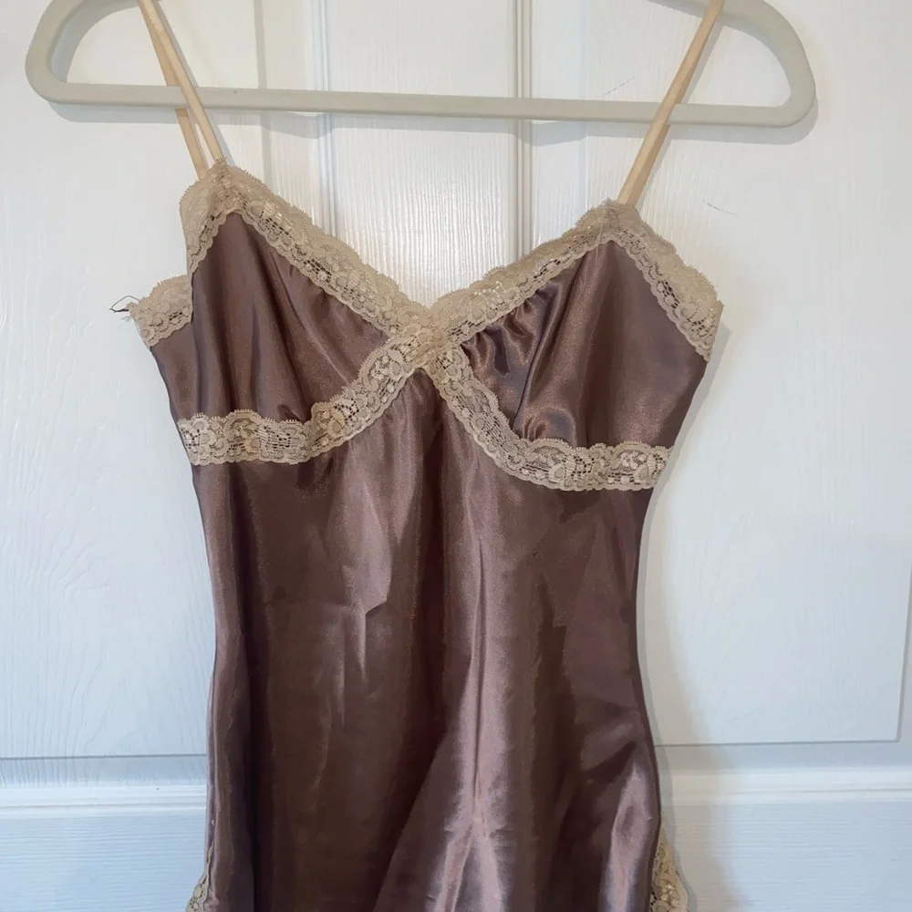 Charlotte Russe Brown Satin Chemise with Beige Lace Trim
